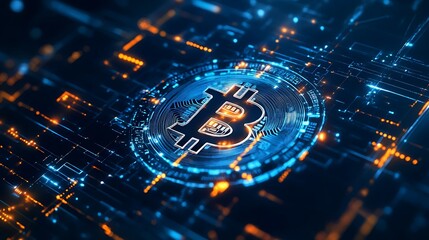 Bitcoin cryptocurrency digital currency symbol on circuit board background