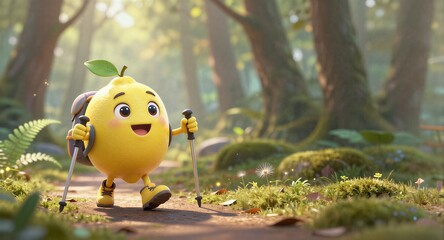 Yellow lemon character hiking in forest, smiling, using trekking poles and backpack.