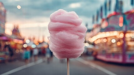 A fluffy pink cotton candy on a stick at a carnival with blurred background.