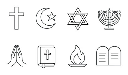 Symbols of major religions: christianity, islam, judaism and related icons