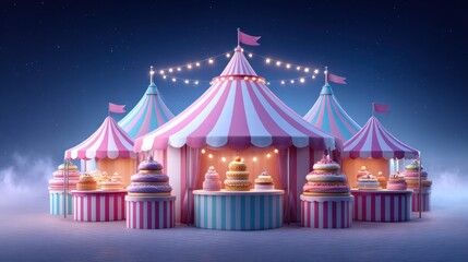 Magical circus tent with cakes under a starry night sky.