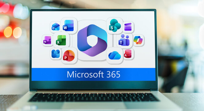 Laptop computer displaying logos of Microsoft 365