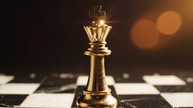 Golden chess king piece standing marble chessboard square with regal metallic texture and dramatic warm bokeh lighting reflecting strategy victory leadership and gold king chess piece marble
