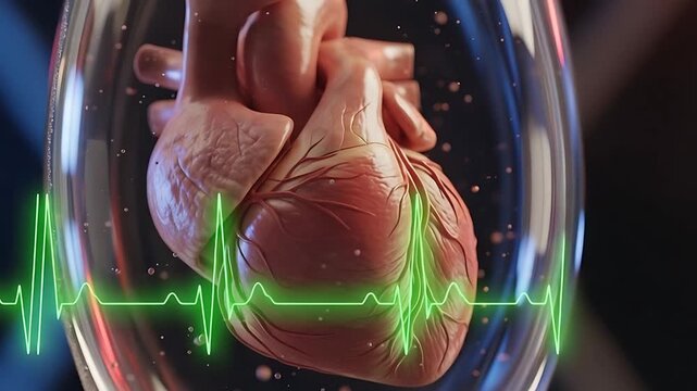anatomical heart inside glass dome with green ecg glow