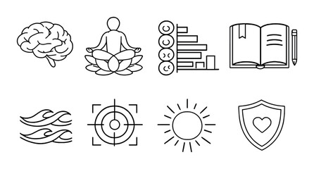 Mindfulness and learning icons with brain, meditation, and book symbols