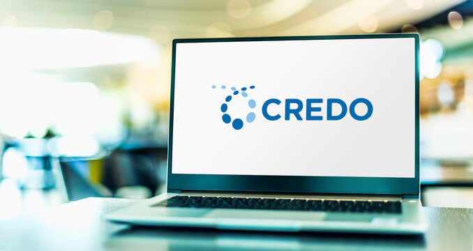 Laptop computer displaying logo of Credo company