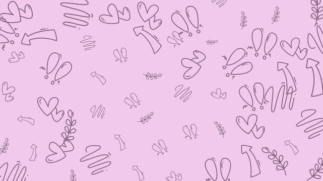 Background with hearts, arrows, branches, exclamation marks, and doodles. Ideal for valentines day, love, romance, or celebration designs. Great for digital media projects
