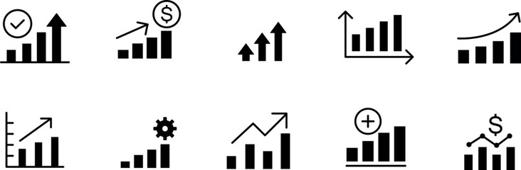 Growth icon set. gain, improvement, grow, chart, increase, evolution and development icons. Solid icon collection. 