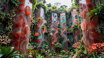 Fototapeta premium Vintage floral painting of a summer garden with colorful flowers and green plants featuring a decorative nature pattern and art texture