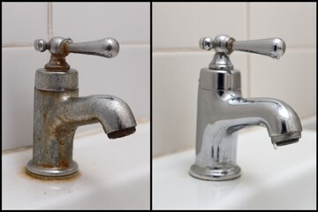 Bathroom faucet cleaning results before and after, removing limescale and rust from chrome plumbing, professional house cleaning service, shiny metal tap restoration, hygiene and maintenance