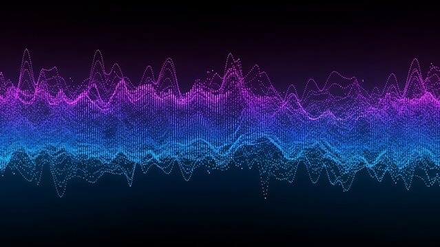 Gradient waveform pattern with purple and blue pixels on black background - Powered by Adobe
