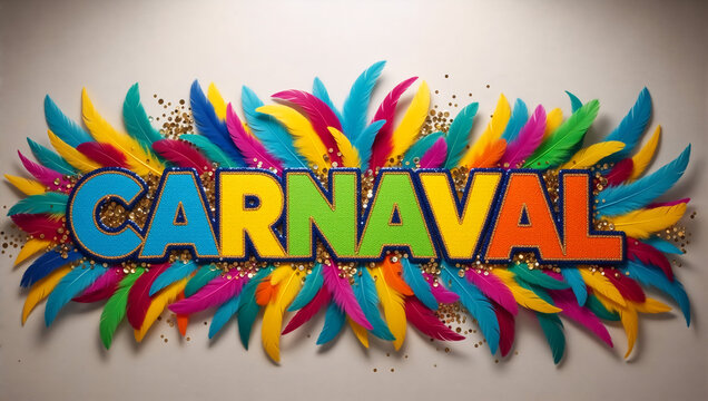 Colorful Carnaval text sign with vibrant feathers and gold glitter. Festive Brazil carnival celebration background with typography. Holiday party banner concept