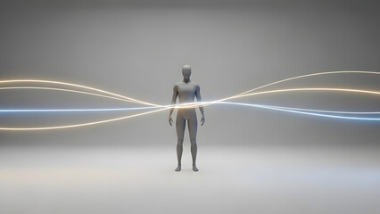 A futuristic mannequin stands centered amidst swirling lines of light in a minimalist gray environment