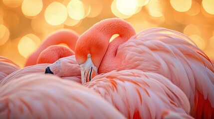 Flamingos clustered together