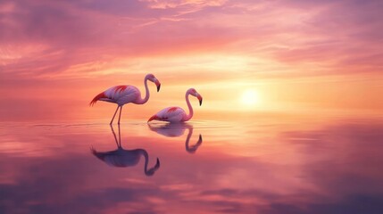 Flamingos in flight sunset reflection