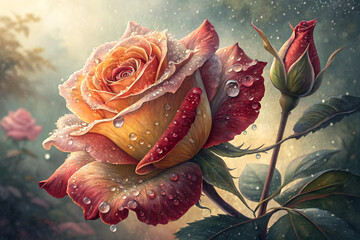 Close-up of a blooming rose with dewdrops, vibrant colors, soft bokeh background, highly detailed textures, oil painting style