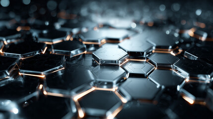 Glowing Hexagonal Pattern With Golden Light on Dark Surface