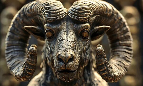 Ancient weathered ram head statue with powerful detailed horns and metallic texture.