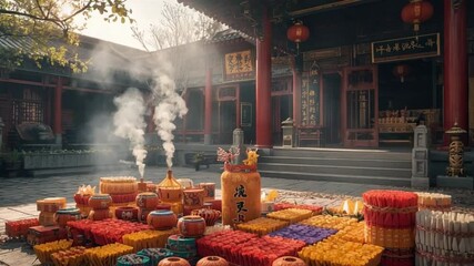 Qingming Festival Temple Courtyard with Incense and Food Offerings