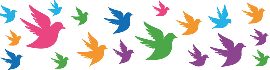 Obraz premium Colorful flying birds illustration symbolizing freedom, peace, nature, diversity, harmony, hope, joyful movement, and modern minimalist decorative design concept