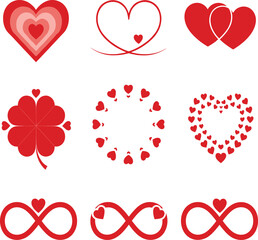 Set of Decorative Red Heart Shapes and Infinity Symbols Including Heart Clover and Interlocked Hearts for Valentine Graphic Design.