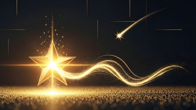 Glowing gold star with elegant light waves and shooting star. Success and leadership inspiration. Five pointed star radiating sparkles on a dark luxury background.