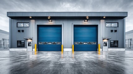 Obraz premium Modern industrial building with blue garage doors under a cloudy sky.