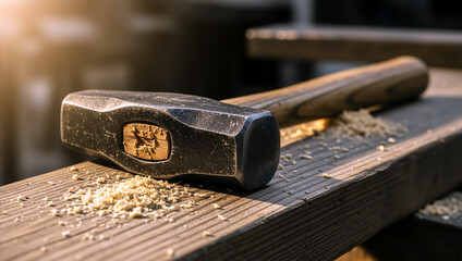 Heavy sledgehammer resting on a wooden beam with sawdust. Construction tool in warm sunset light. Labor Day concept