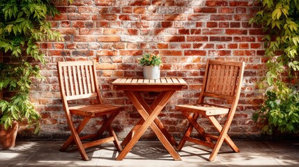 Obraz premium Wooden patio set with a brick wall background