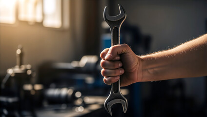 Mechanic hand holding a large metal wrench in a workshop. Industrial worker gripping a spanner tool close up. Labor Day concept with copy space