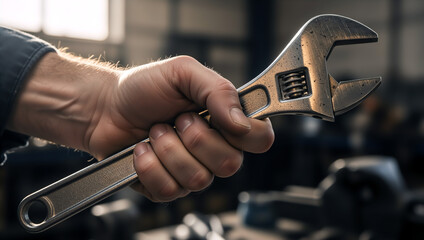 Close up of a male hand holding an adjustable wrench. Mechanic worker with tool in industrial workshop. Labor Day concept