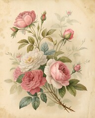 Vintage Victorian floral background, delicate roses and peonies, muted pastel colors, aged paper texture, soft faded ink, 19th-century botanical illustration style, elegant composition, high resolutio