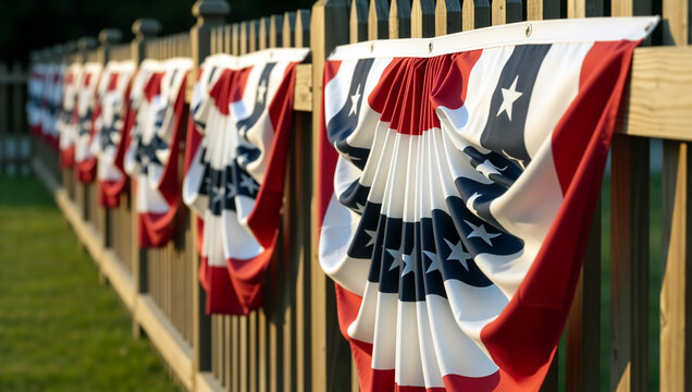 Patriotic USA flag bunting hanging on a wooden picket fence. Red white and blue pleated fans with stars and stripes for American holiday decoration. Summer backyard celebration background
