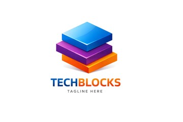 Tech company logo with layered blocks, smooth gradients vector 