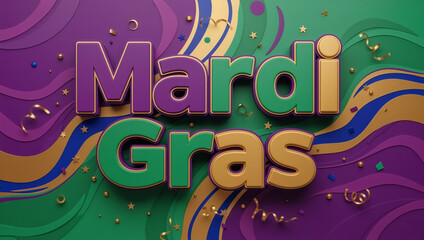 Colorful 3D Mardi Gras typography on a festive background. Celebration banner with purple, green, and gold decorations for a holiday party