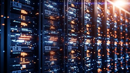 Rows of computer servers with glowing orange and blue lights data center technology hardware