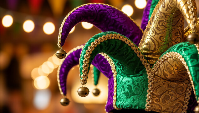 Close-up of a traditional Mardi Gras jester hat. Colorful carnival costume accessory in purple, green, and gold with jingle bells on a festive background