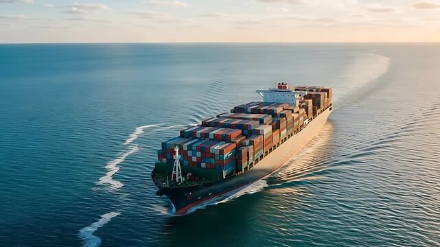cargo ship with colorful containers sailing on calm sea at sunset