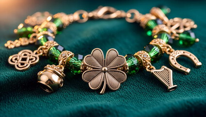 St. Patrick's Day charm bracelet with a four-leaf clover. Irish good luck jewelry with shamrock, horseshoe, and pot of gold charms. Festive holiday accessory on a green velvet background