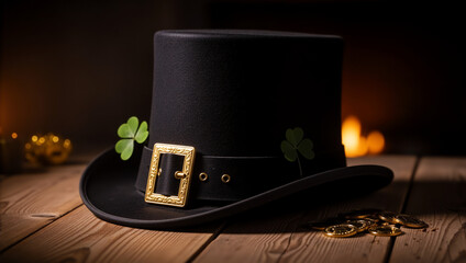A leprechaun's top hat with shamrocks and gold coins for St. Patrick's Day. Traditional Irish holiday symbol on a rustic wooden table with a warm, festive background