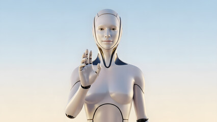 Robot standing against a gradient blue background making a gesture with its hand