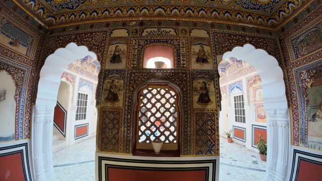 Historic architectural details of Mandawa Fort, Rajasthan, India