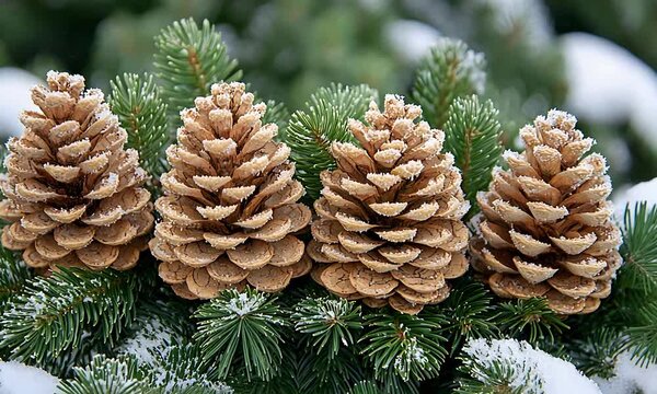 Four Frosty Pinecones Resting on Snow Dusted Evergreen Branches in a Winter Forest.