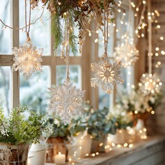 Beautiful hanging snowflake decorations by a window with lights.