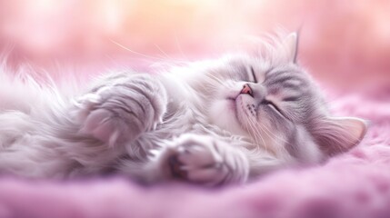Fluffy gray cat relaxing on pink surface