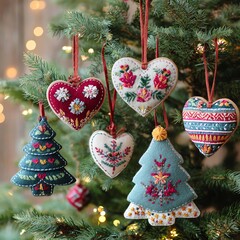 Colorful, handmade ornaments hang on a Christmas tree.