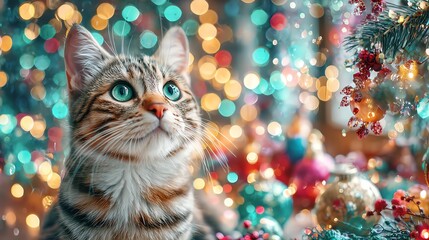 A curious cat gazes at colorful Christmas lights in wonder.