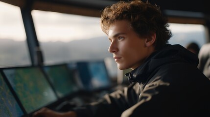 A logistics control tower silhouette double-exposed with real-time maps, cargo routes, and tracking data, visualizing global supply chain coordination. cinematic color correction, natural uneven