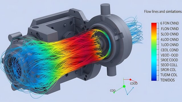 Visual representation of fluid dynamics in a mechanical pump with colorful flow lines and velocity vectors