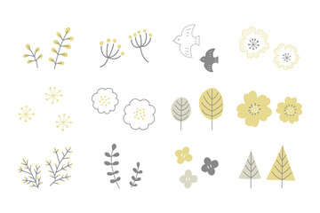 Hand Drawn Floral and Botanical illustration Set in Scandinavian Style Gray and Yellow Vector